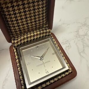 Cutter & Buck Travel Desk Clock | Silver Square | Brown Leather Case | NIB